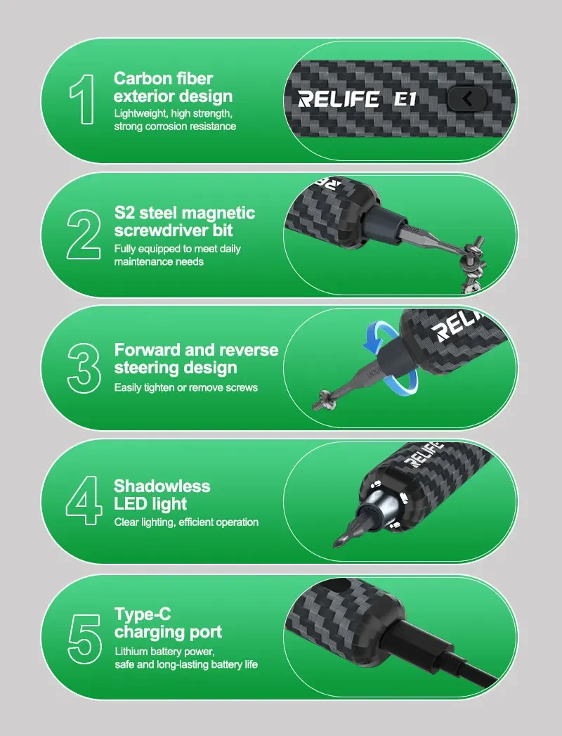 RELIFE E1 Carbon Fiber Electric Screwdriver Set with 12 Bits 4 LED Shadowless Lights for Mobile Phone Screw Remove Repair Tools