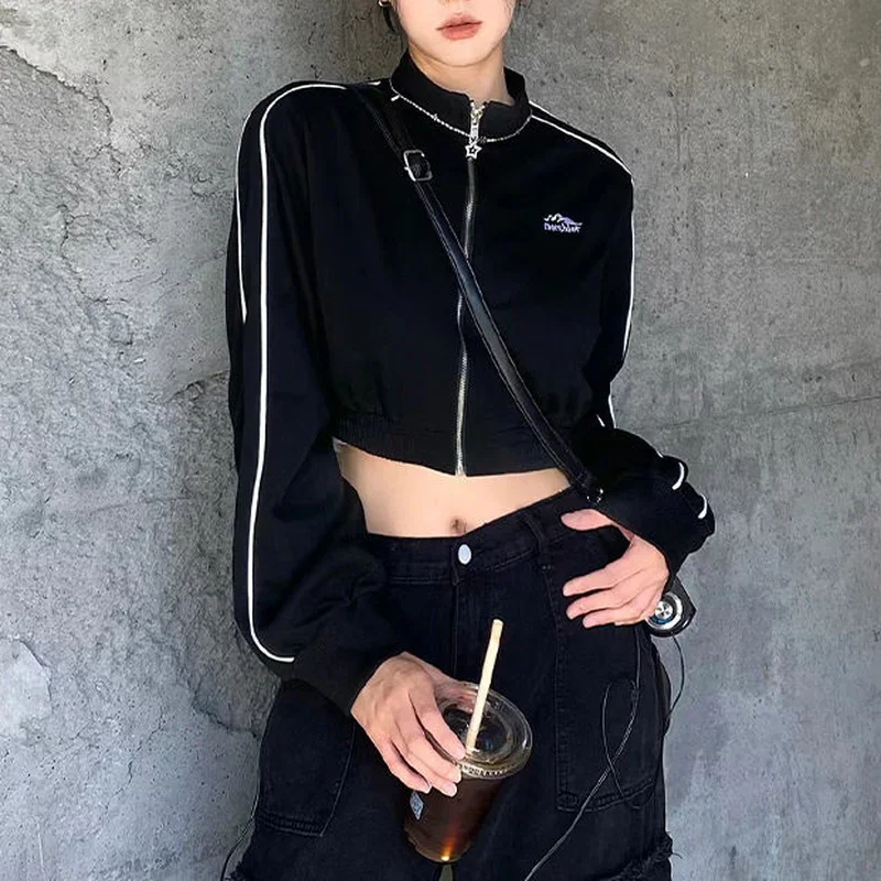 HOUZHOU Grunge Zip Up Hoodie Streetwear Women Korean Fashion Casual Slim Sweatshirts Striped Black Long Sleeve Cropped Hoodie