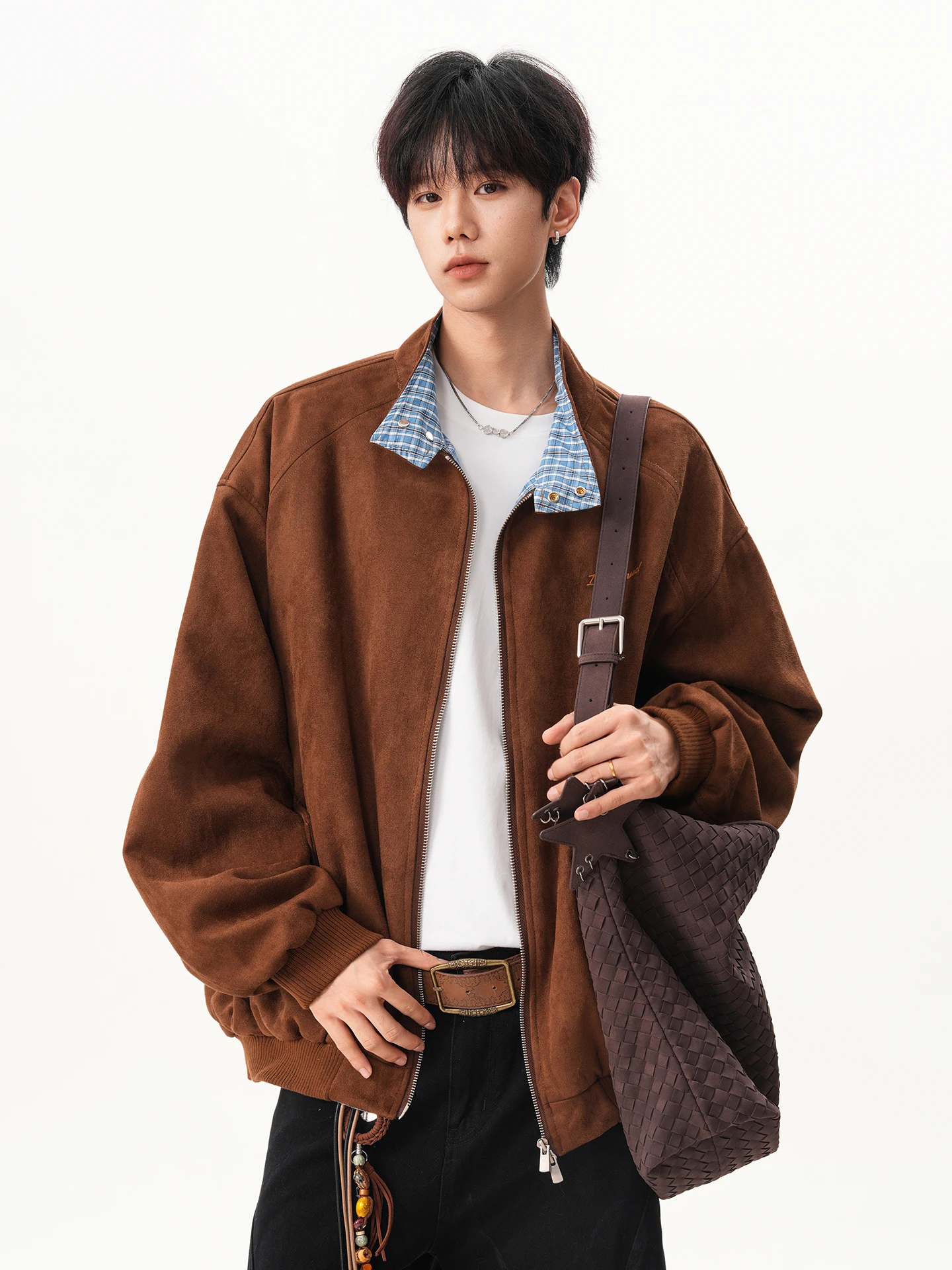 الربيع والخريف النمط الأمريكي الرجال الجلد المدبوغ منقوشة المرقعة بدوره إلى أسفل طوق القهوة سترة الرجعية فضفاضة سترة البيسبول الصفراء