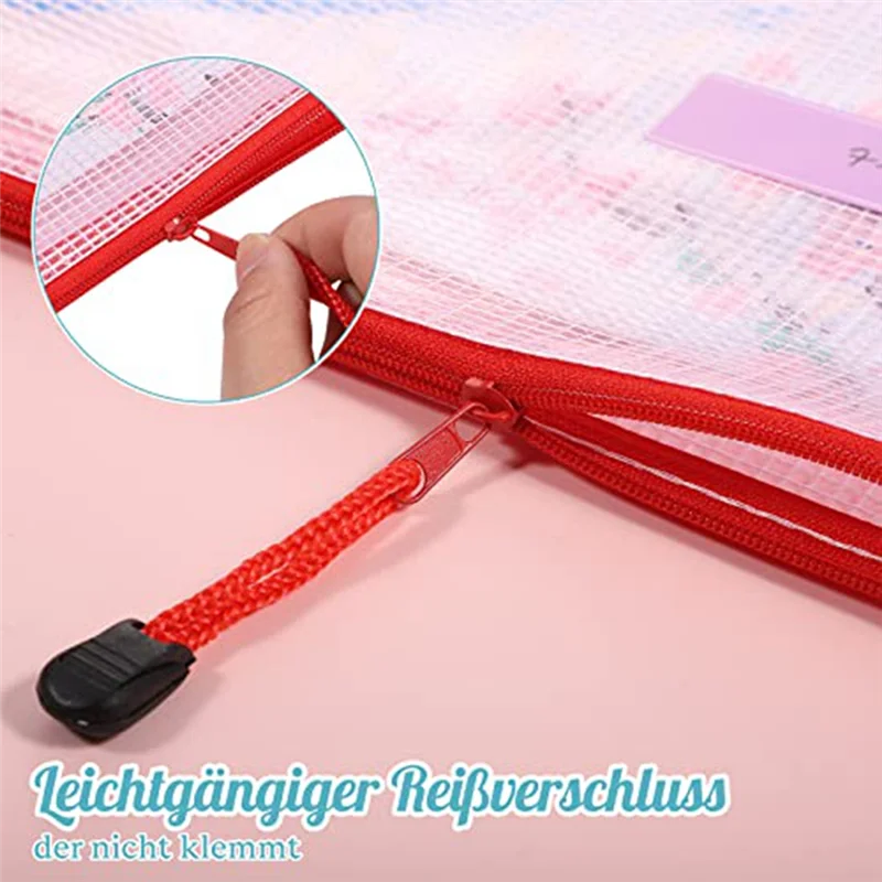 20 pacotes de bolsos para documentos a4 + a5 + a6, pasta de arquivo, bolso de plástico com zíper, bolsa de malha com zíper (4 cores)