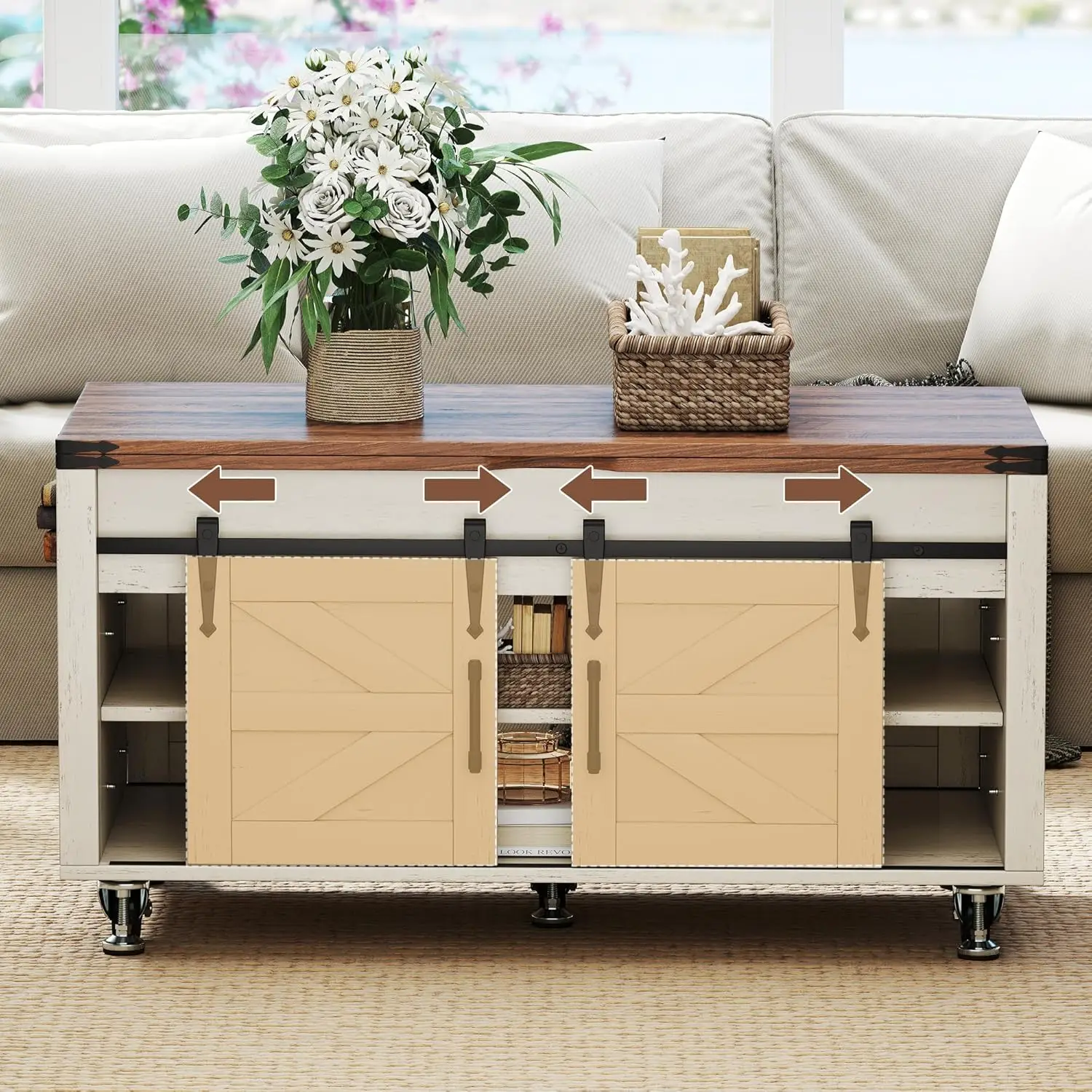 Mesa de centro rústica branca de fazenda de 40" - Mesa superior elevatória bilateral quadrada com porta deslizante de celeiro e grande armazenamento oculto