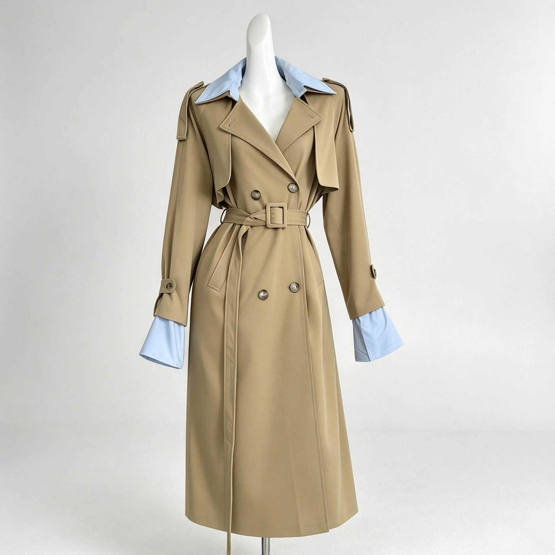 SuperAen Contrasting-color Turn-down Collar Long Coat for Women Double Buttons Waist Strap Fashion Elegant Coats