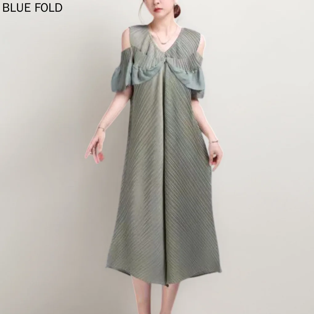 MIYAKE PLEATS Summer New Off-shoulder Dress Women Loose Design Solid Color A-line Dress Slimming High Quality Clothes Elegant