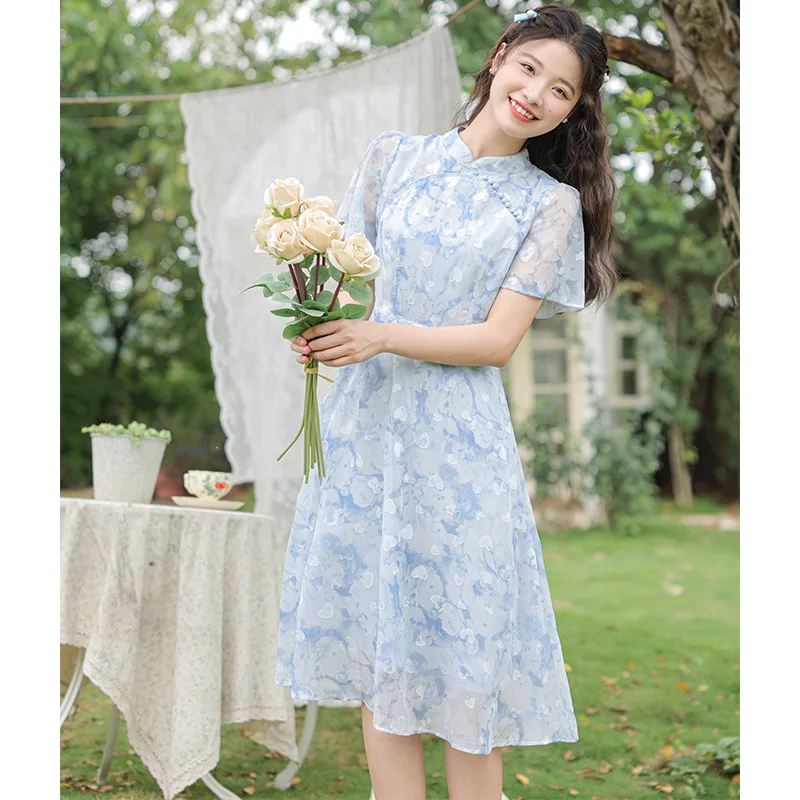 Improved Qipao Dresses for Women Summer National Blue Chiffon Flower Fragmented Stand-up Collar Chinese Traditional Cheongsam