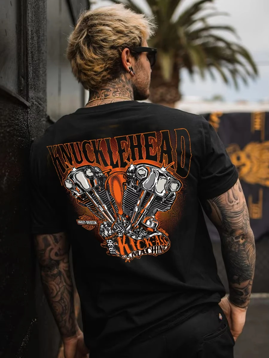 

2025 Motorcycle Tide Brand Motorcycle Engine Vintage Mechanical Parts Printed Black Cotton Short Sleeve T-shirt Man Women