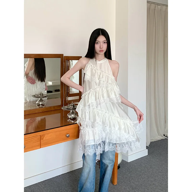 Francês elegância renda-painel de malha branca babados em camadas bolo saia para mulheres verão sem mangas príncipes fada mini vestido linha a