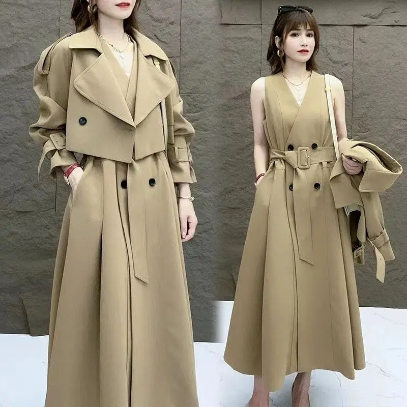 

Autumn and Winter Jacket Women's Two-piece Solid Color Lapel Double Row Button Women Long Windbreaker Paired with Vest Dress G3