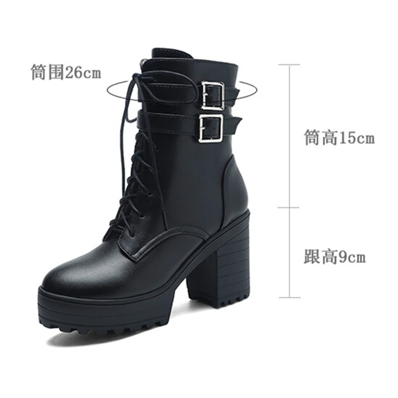 

ORCHA LISA Новые женские мотоциклетные ботильоны с круглым носком, 9 см, блочный каблук, шнуровка, пряжка, белый, черный, большой размер 42-43, US12, мода