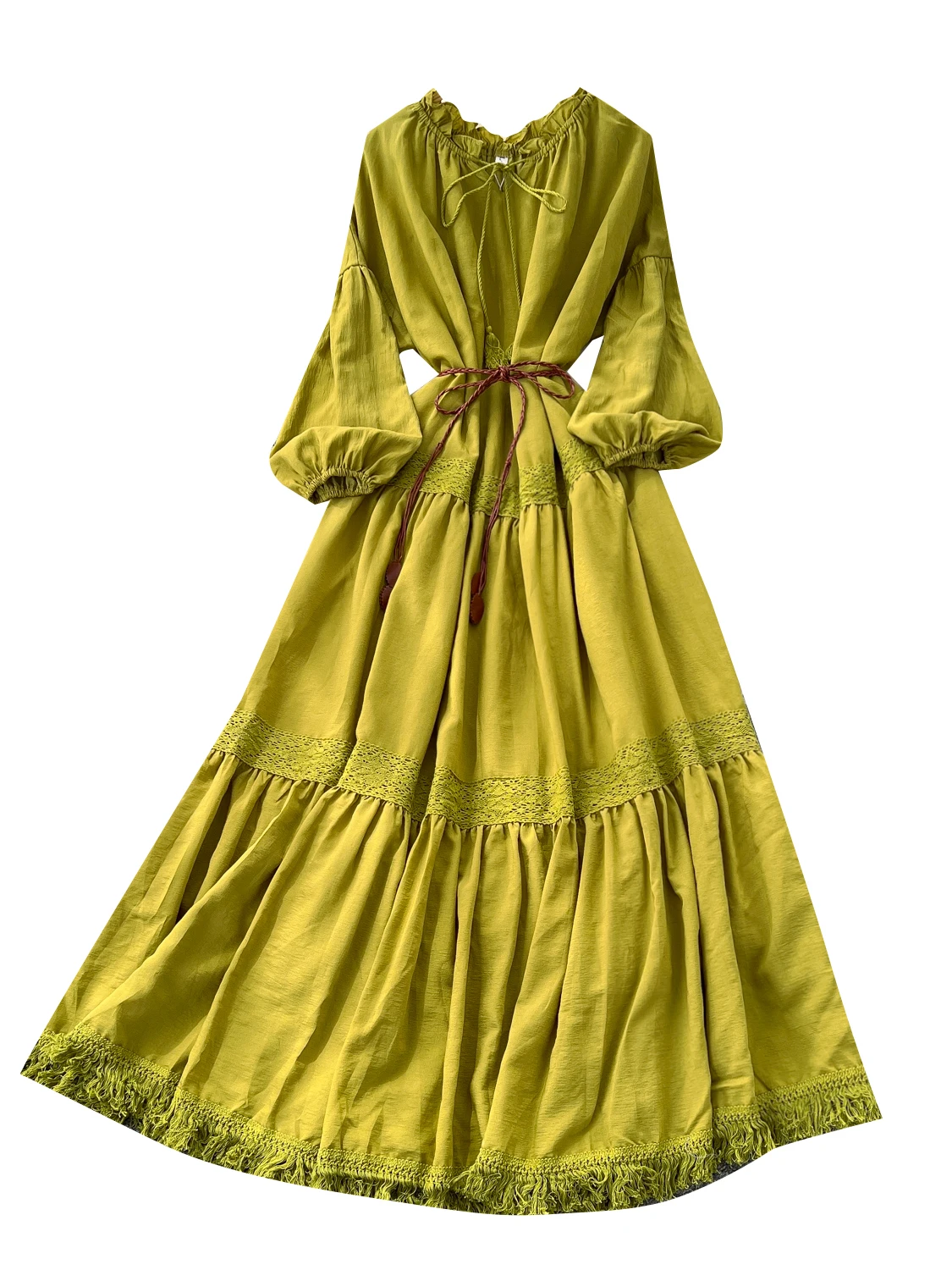 فستان أنيق بأكمام فانوس مزين بالدانتيل مع حزام، فستان نسائي طويل بخصر مرتفع على الطراز الكوري #1