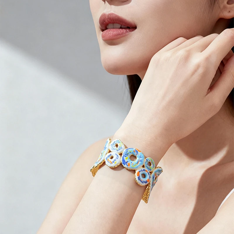 Letdiffery Flower Bangle Oil Painting Circle Open Adjustable Stainless steel Bracelet Romantic Holiday Gift for Women Girl