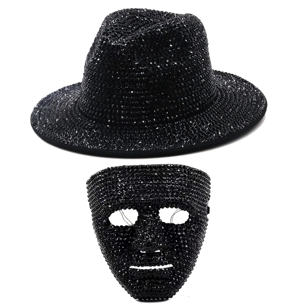 Stage Cap Rhinestone Mask and Fedoras Jazz Hat Set for Men and Women\'s Hats Red Paired with Black Diamond Fedoras Banquet Hats