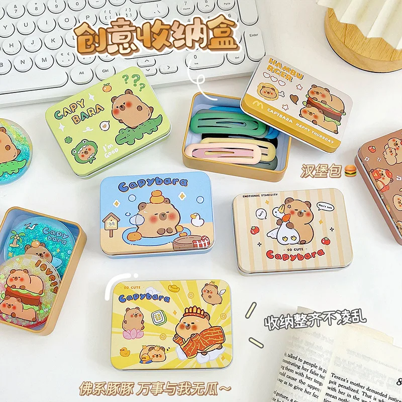 

Cute Cartoon Capybara Tinplate Card Storage Box Kawaii Kpop 3-inch Photo Card Holder Creative Gift Hair Clip Candy Packaging Box