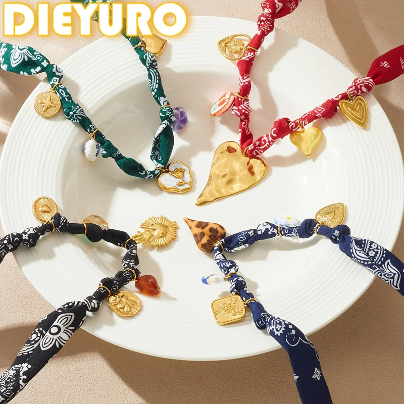 DIEYURO 316L Stainless Steel Golden Gorgeou Irregular Heart Flower Necklace Lady New Colored Patterned Ribbon Neck Chain Jewelry