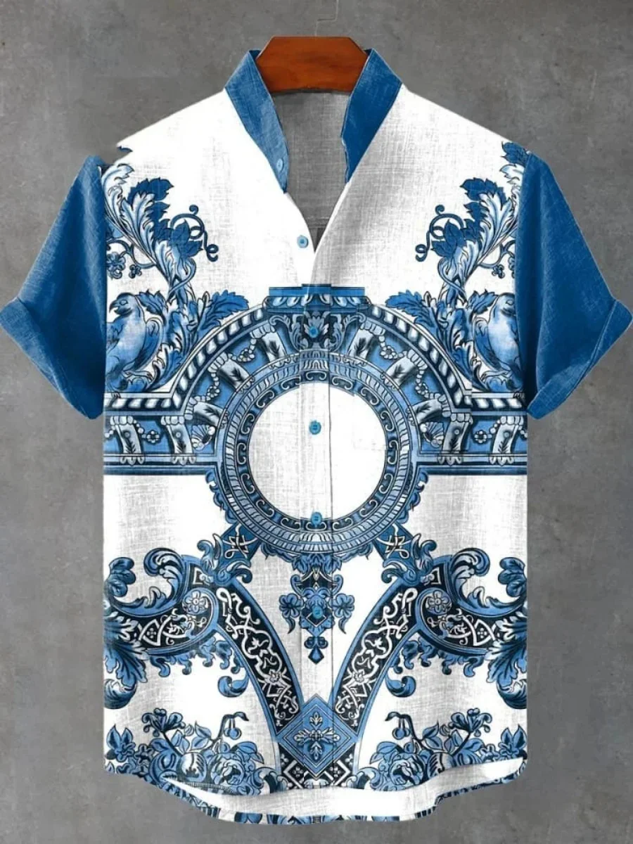 Men's casual fashion linen shirt short sleeve top floral print Hawaiian shirt 2025 high-end trendy social shirt