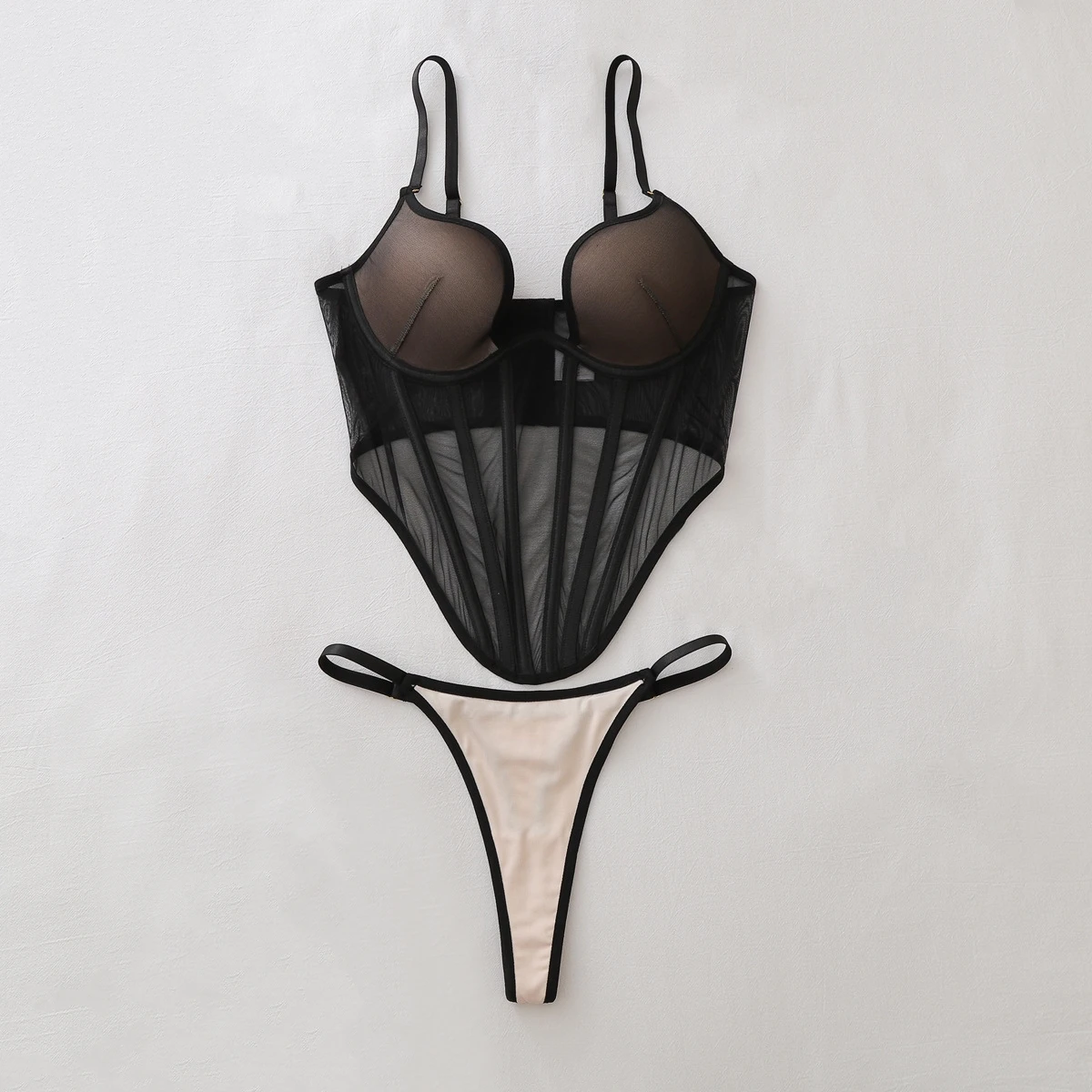Spicy Girl Low Cut V-neck Design See Through Mesh Lingerie Set with Waistband Women Sexy Slim Adjustable Two-piece Underwear Set