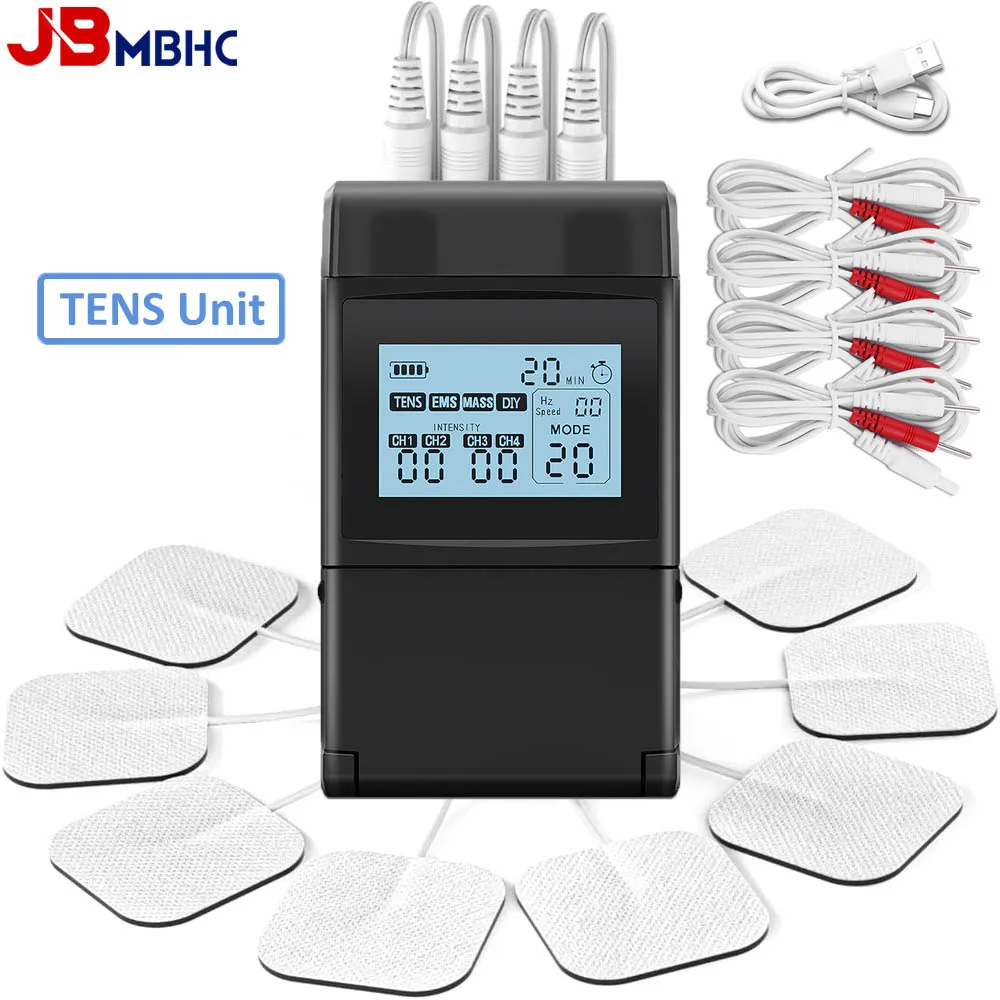 15/48/60 Modes TENS Unit Machine & EMS Muscle Stimulator 4-Channel Body Massager USB Rechargeable Pain Relief for Body & Joints