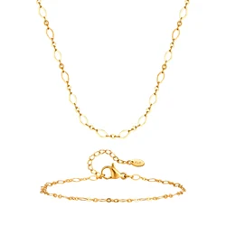 Stainless Steel Chain Bracelet Necklace Set Jewelry, 2.5mm Flat Oval Link Adjustable, Minimalist Stackable Gift