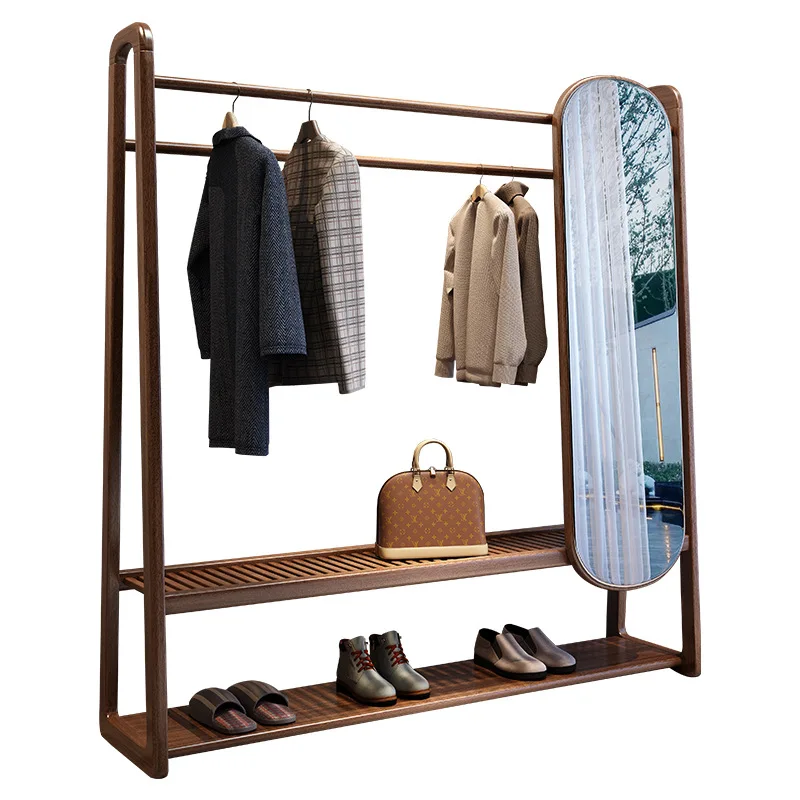 

Solid wood hanger floor-to-ceiling bedroom coat rack with mirror multi-functional rack