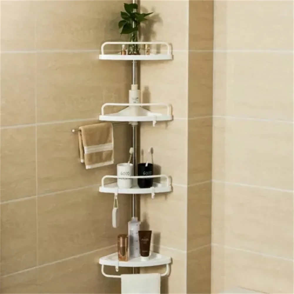 Estante de almacenamiento telescópico para baño de 4 niveles, estante esquinero de pared para baño, organizador de almacenamiento para ducha con bandeja y barra ajustables