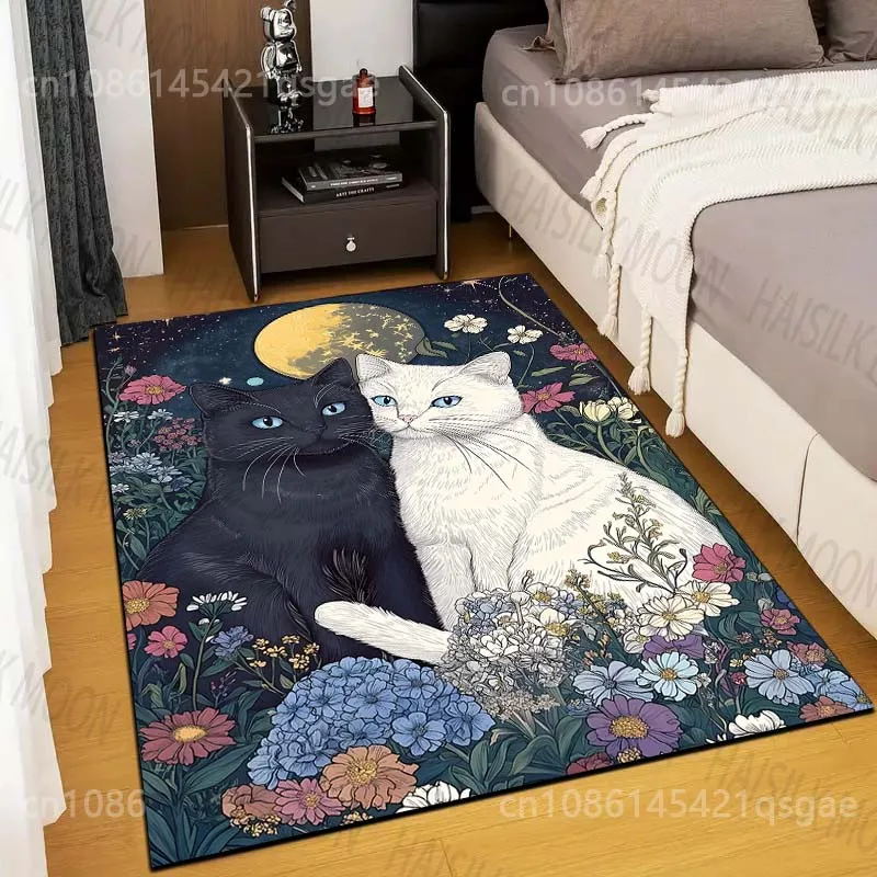 

Black and White Cats Among Flowers Carpet for Living Room Bedroom Sofa Home Decor Non-slip Floor Mat Modern Rugs Large Size