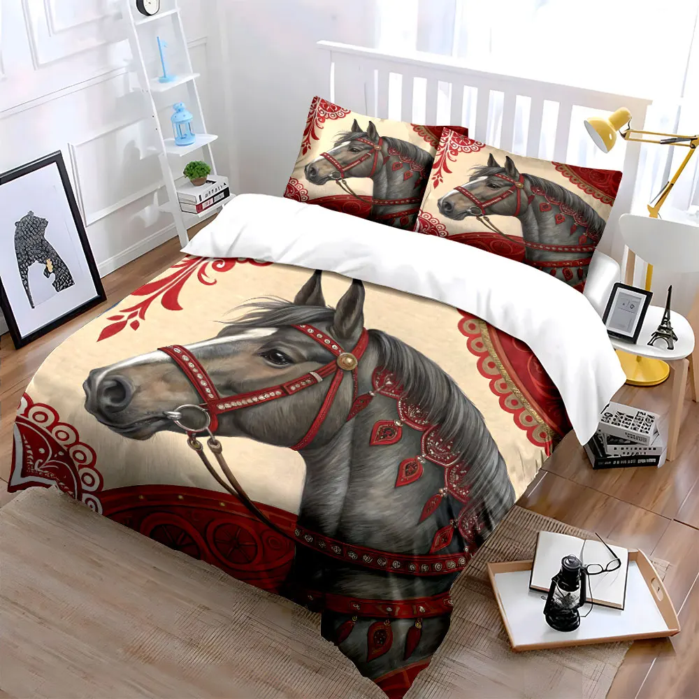 Gray horse with red ornate harness Printed Duvet Cover Set 1 Duvet Cover+2 Pillowcase Multi Size Bedroom Bedding Decor