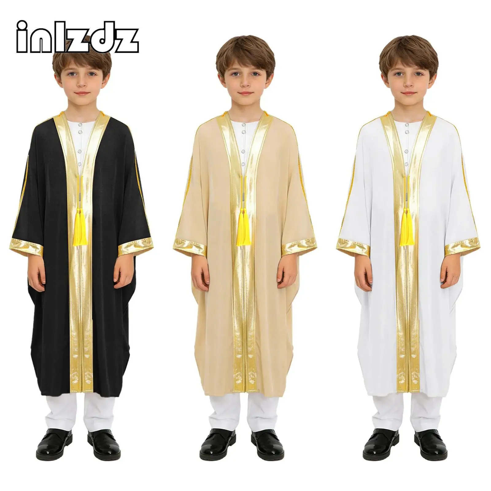 

Kids Boys Muslim Robe Loose Abaya Long Batwing Sleeve Metallic Trim Chiffon Kaftan Thobe with Tassels for Cultural Ceremonies