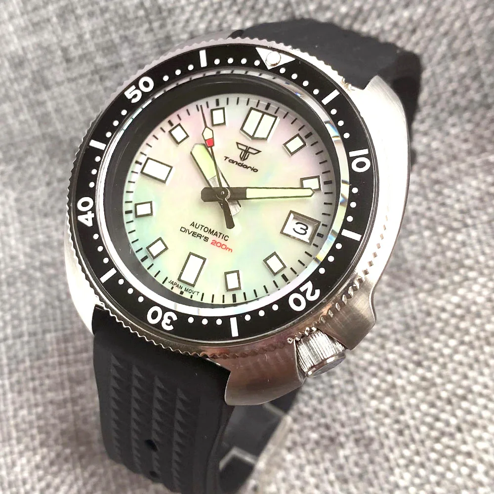 Tandorio NH35 MOP Dial Watch for Men Captain Steel Mechanical Diving 20Bar Silicone Strap Diving Lume Clock