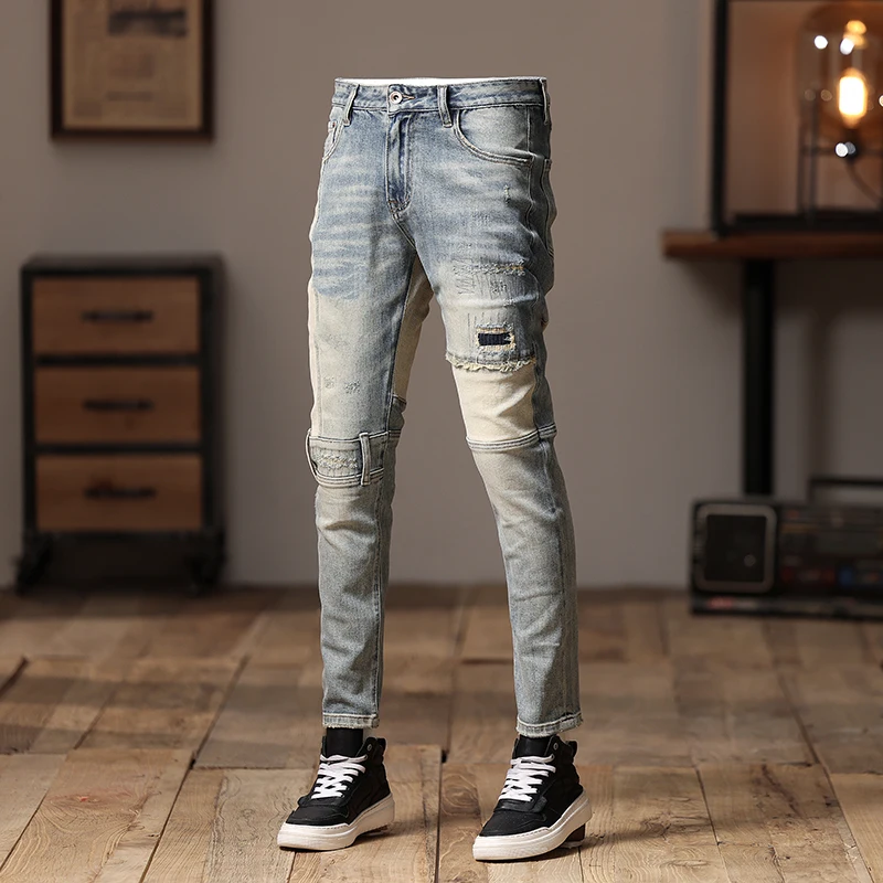 Pantalones vaqueros de motocicleta de costura para hombre, diseño desgastado Retro, moda informal, pantalones ajustados