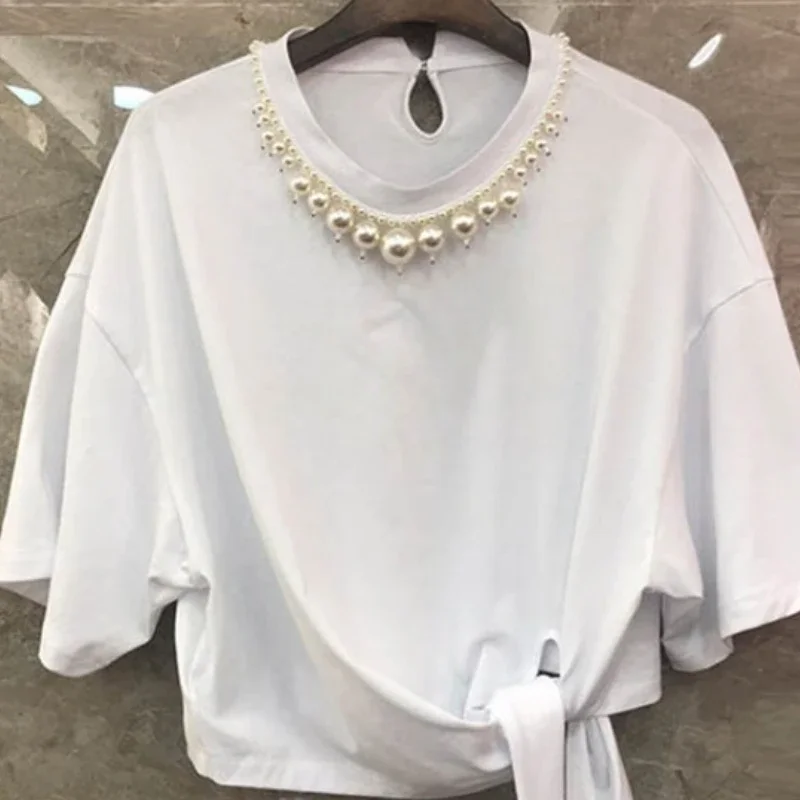 OCEANLOVE Beading Pearls T Shirt for Women Solid Bandage Korean Fashion Summer Camisetas Loose Casual O Neck Ropa De Mujer