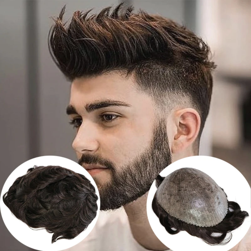 Natural Hairline Super DurableThin Skin Full PU Men's Toupee Grey Black 1B80 1b65 100% Human Hair Wig Capillary Prosthesi System