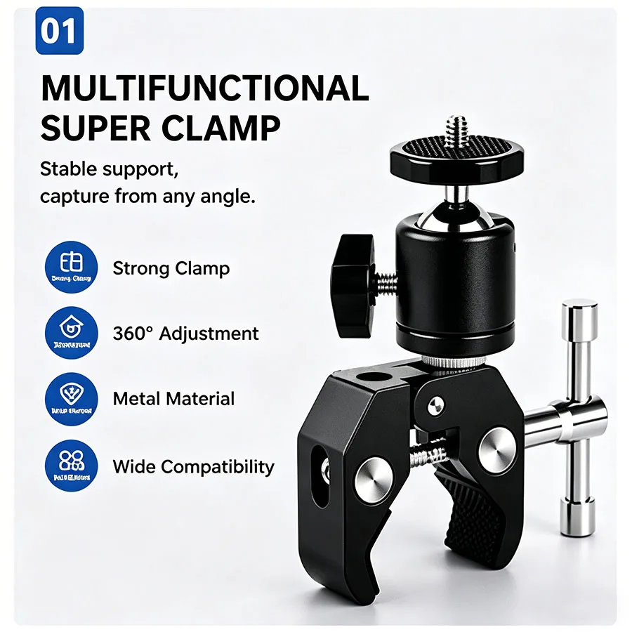 360 °   Super-Klemme Kamerahalterung mit Mini-Kugelkopf 1/4-Zoll-Schraube Schnellverschluss-Clip für DSLR & GoPro Stativhalterung