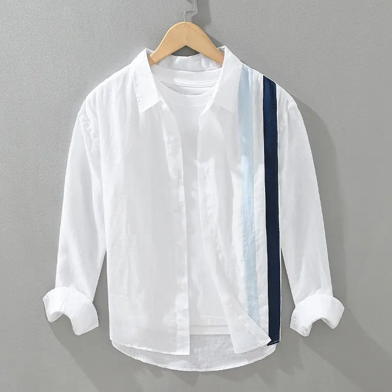 Men Color Block Vertical Stripe Linen Long Sleeve Casual Button Down Shirts Versatile Daily Tops