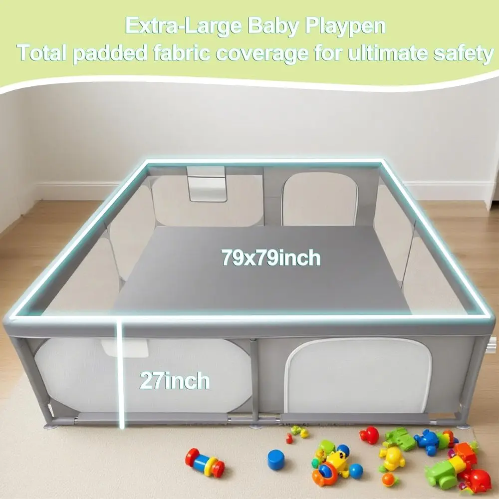 Extra Large 79 Playpen for Kids, Safety Fence with Dual Zippered Doors, Mesh Pockets, Transparent Sides