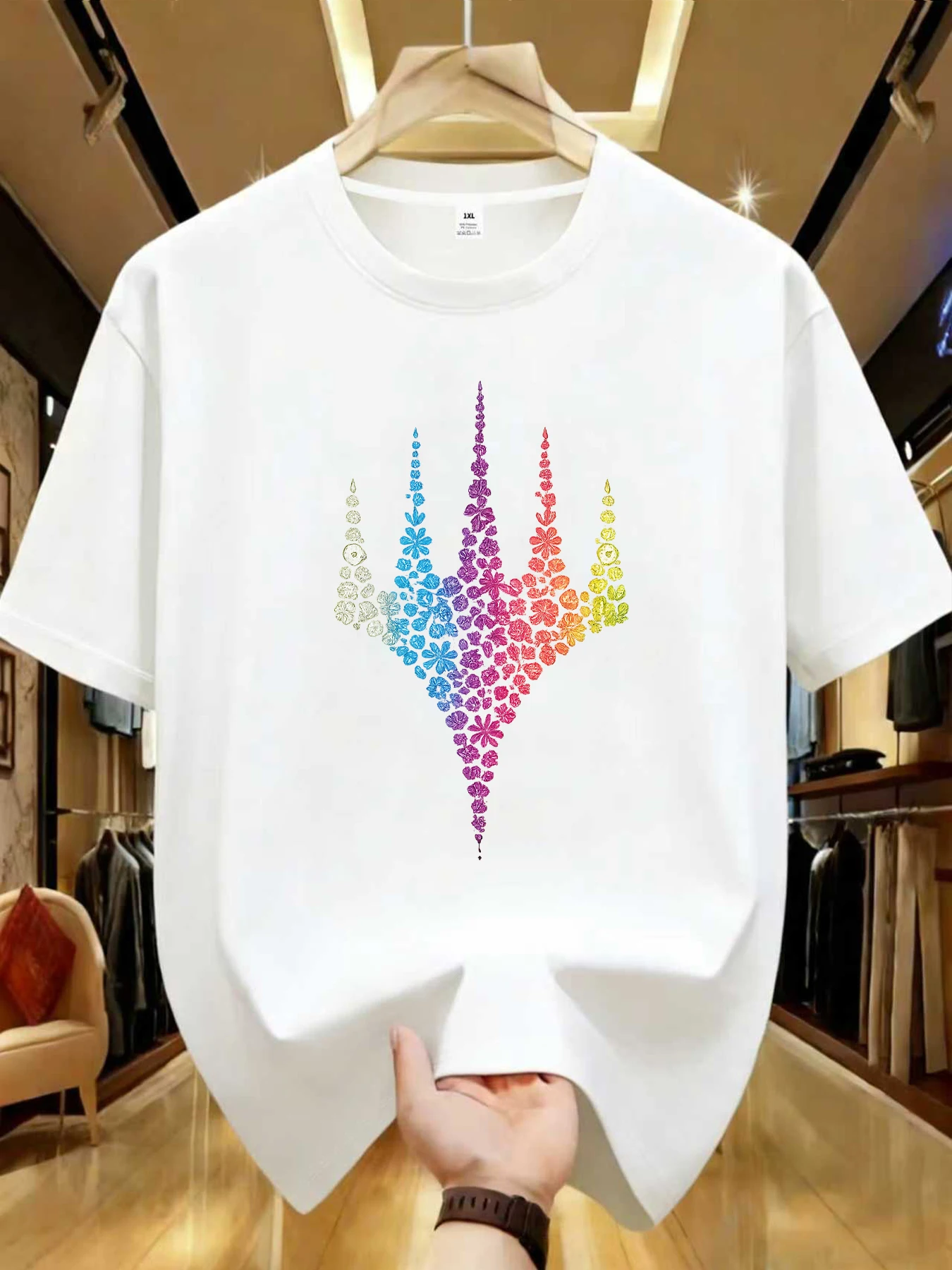 

【WDS0134】Rainbow Floral Trident Graphic Plus Size Women's Printed Crew Neck T-Shirt Summer Casual Short Sleeve Top Street Style