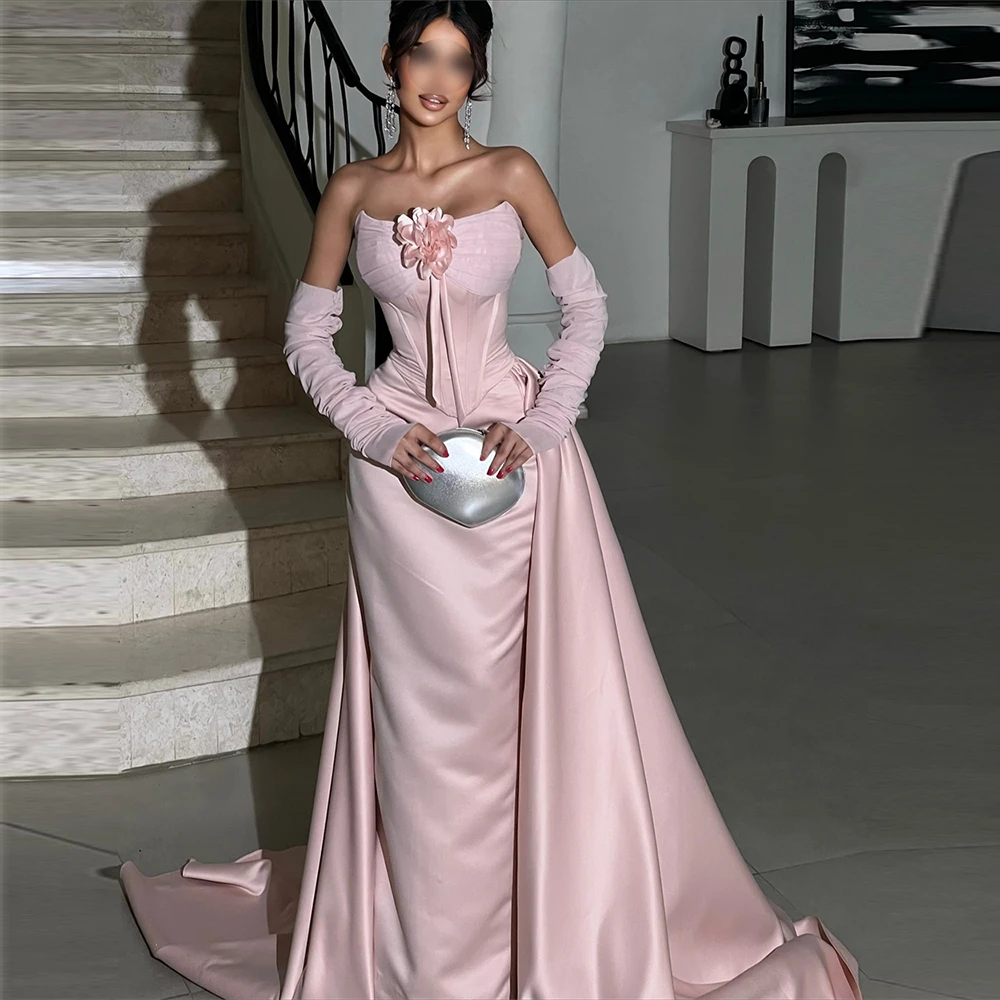 Vestido de noche sin tirantes de lujo, exquisito tren capilla, vestidos de fiesta de satén, flores delicadas, vestidos personalizados para ocasiones especiales