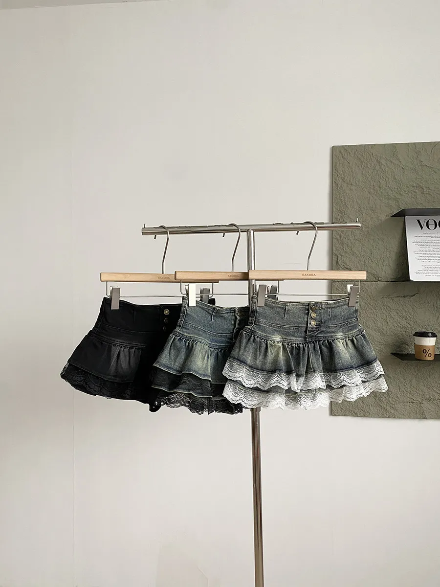 Women's Summer Sweet Lace Patchwork Button Fly Cake Skirt Lady Streetwear High Waist Layered Puffy Short Skirt