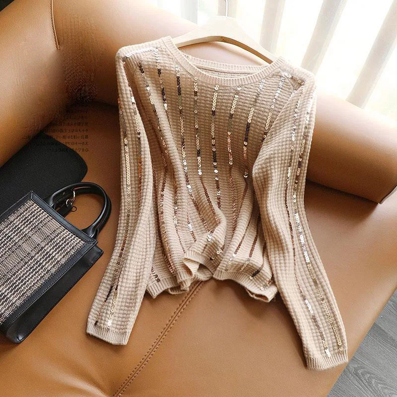 Loose Sequin Stitching Cashmere knitting Bottoming Shirt 2023 Winter French High-End Long Sleeve Round Neck Pullover Sweaters