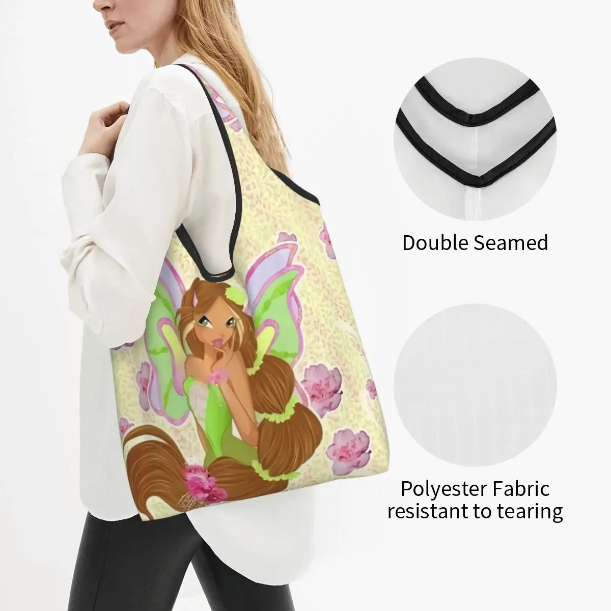 Niestandardowe Disney Anime Winx Club artykuły spożywcze Tote torba na zakupy moda damska torba na ramię typu shopper torebka o dużej pojemności