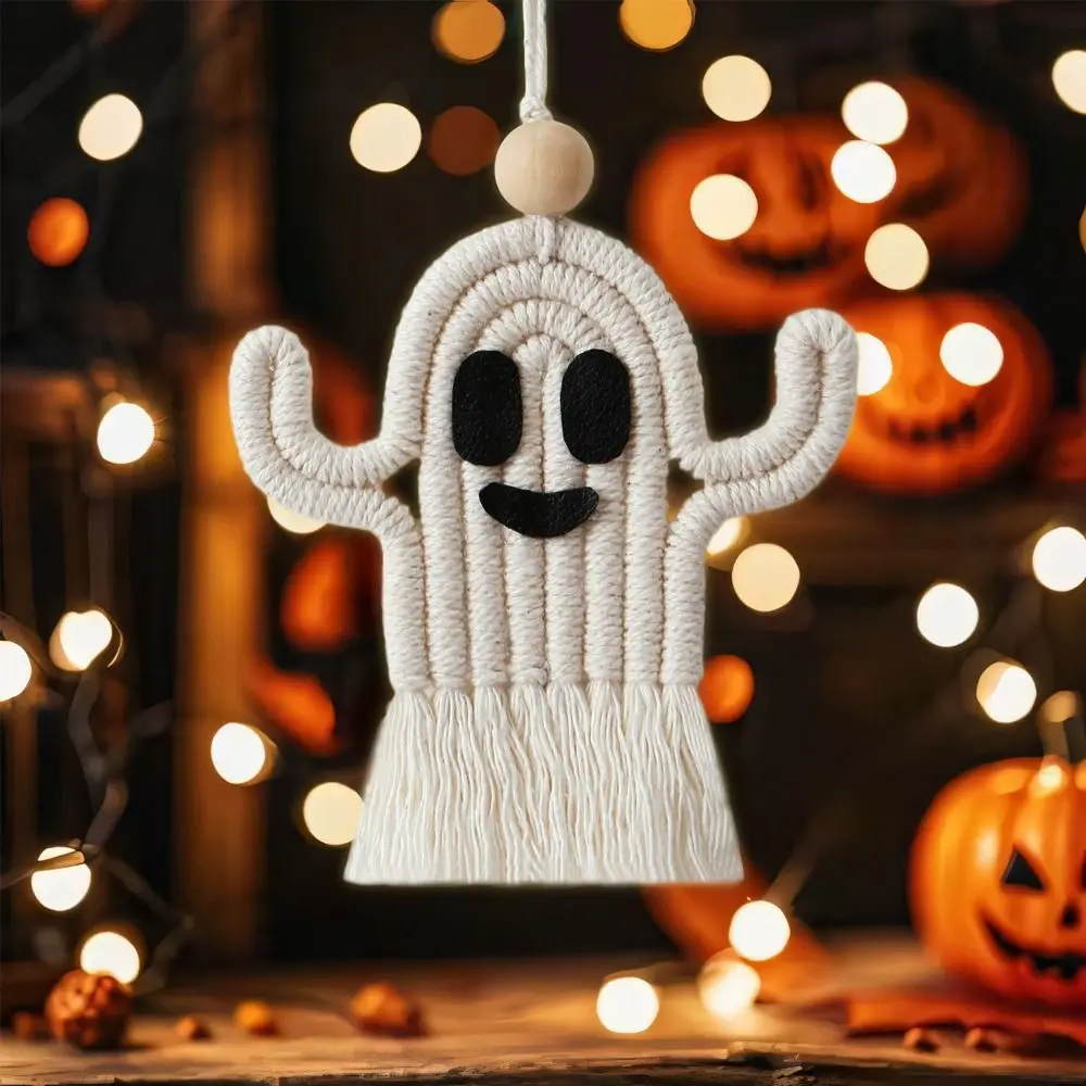 2pcs Cartoon Hand-Weave Ghost Pendant Decorative with Tassel Halloween Hanging Ghost Cotton Rope Hanging Ghost Ornament