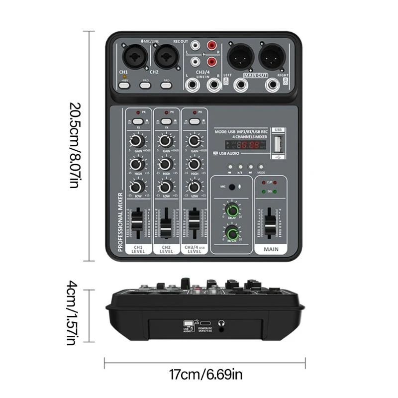 Portable 4 Channel Sound Mixer Built-in Headphone Output Port for Karaoke 83CF