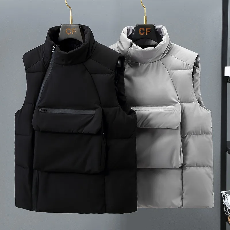 26SS New Men's Cotton Thickened Thermal Round Neck Sleeveless Vest Side Zipper Coat and Pullover Autumn Winter Youth Fashion Y2K