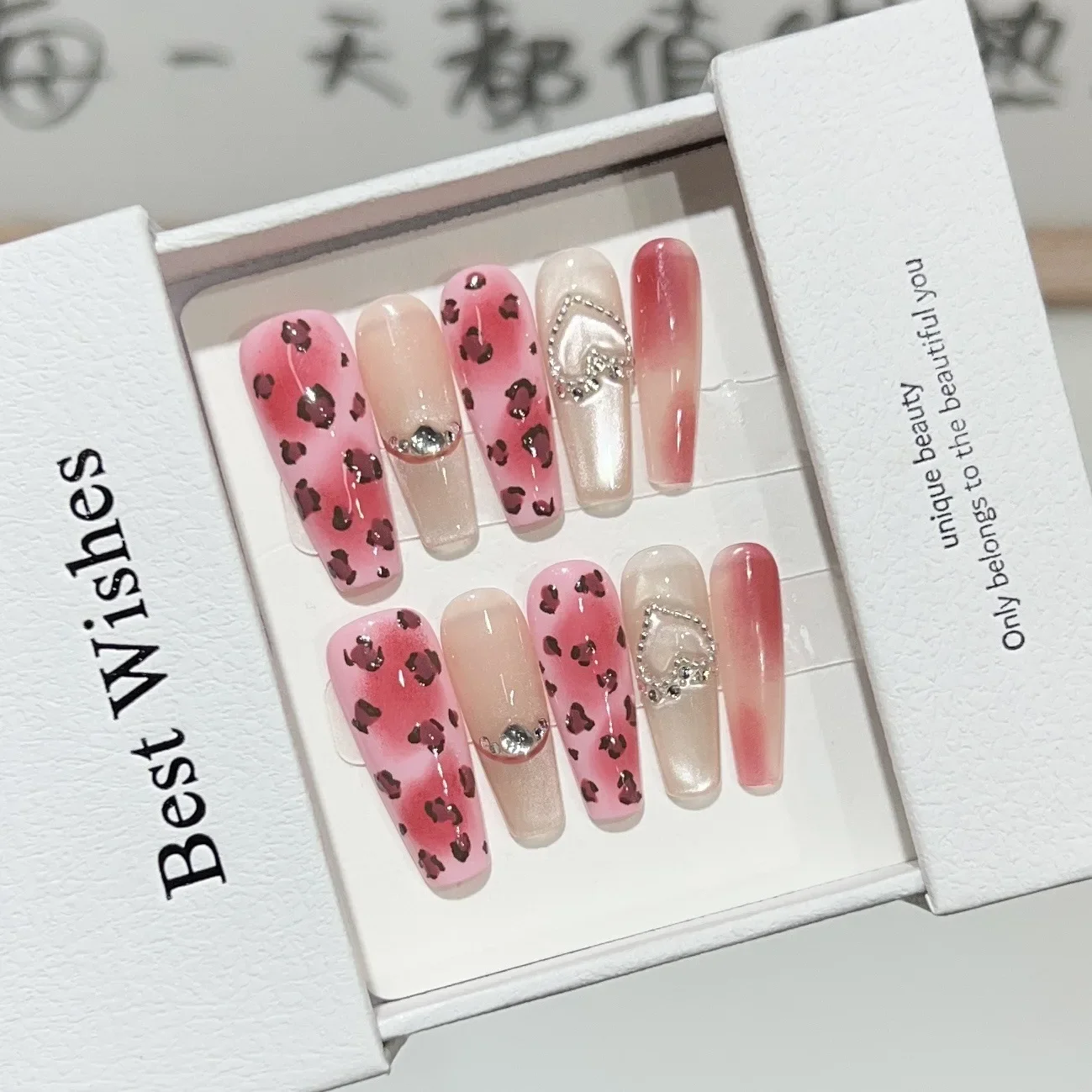 

10Pcs Pink Handmade Press on Fake Nails Love Leopard Print Cat Eye Manicure Long Coffin Artificial False Nails Tips Spice Girls