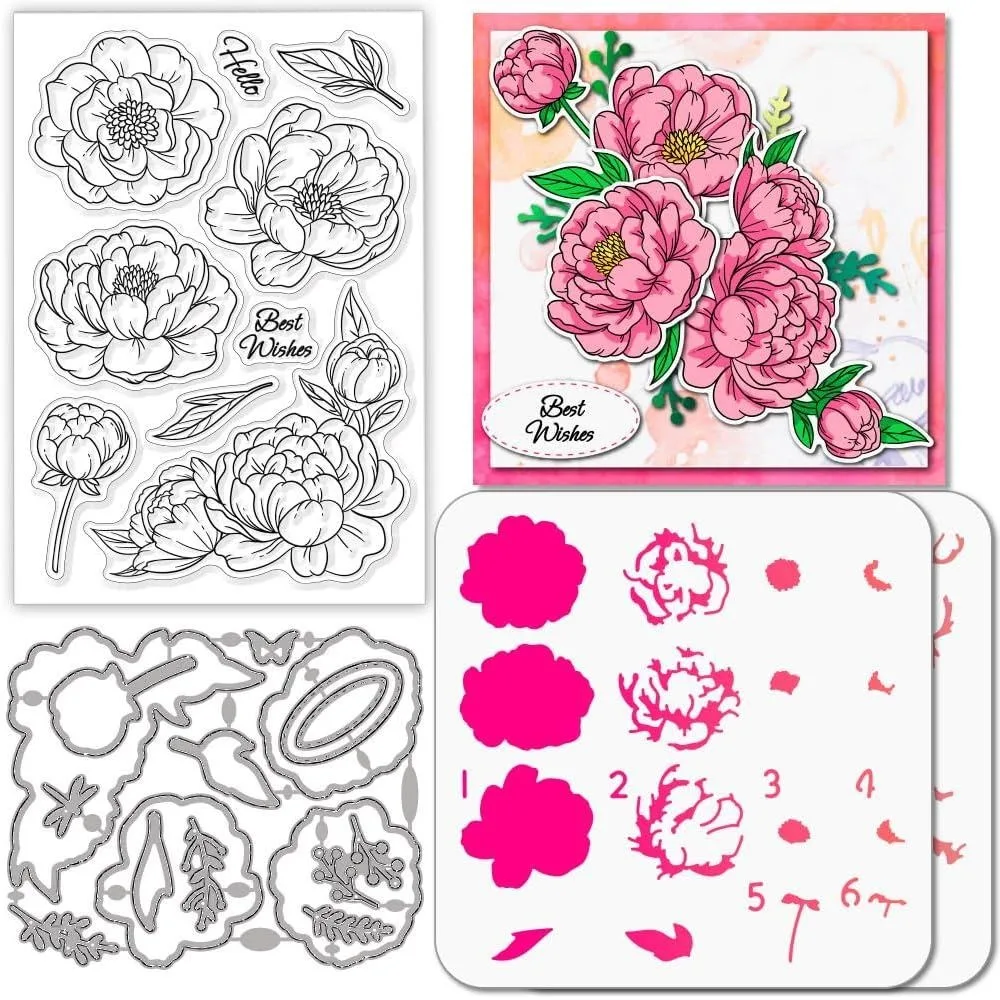 Mehrschichtige Pfingstrosen-Blumen-Stempel und Schneideformen aus PET, Malvorlagen für Kartenherstellung, Overlay-Frühlingsblumen-Stempel für Grußkarten