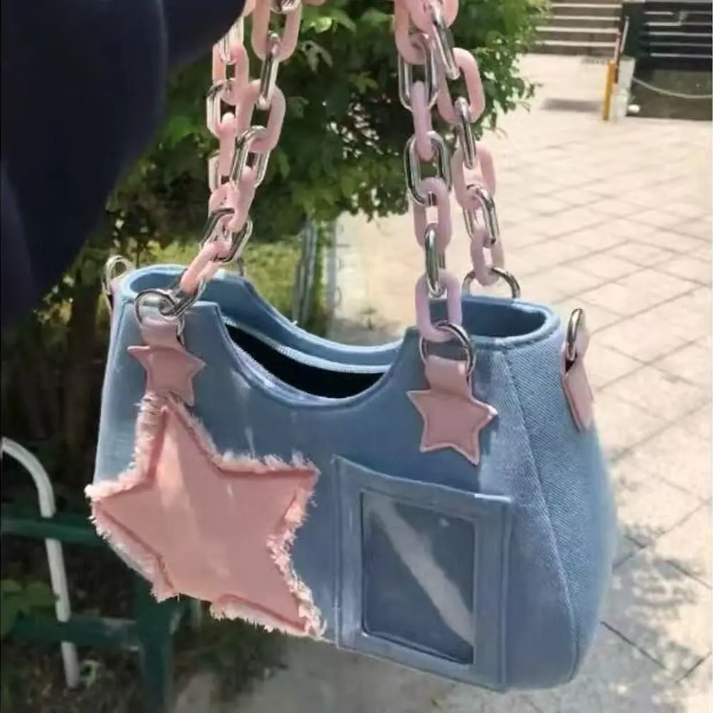 Y2K Vintage Korean Fashion Shoulder Underarm Harajuku Star Tote Denim Bag Chain Ladies Bags Zip Purses Handbags Women