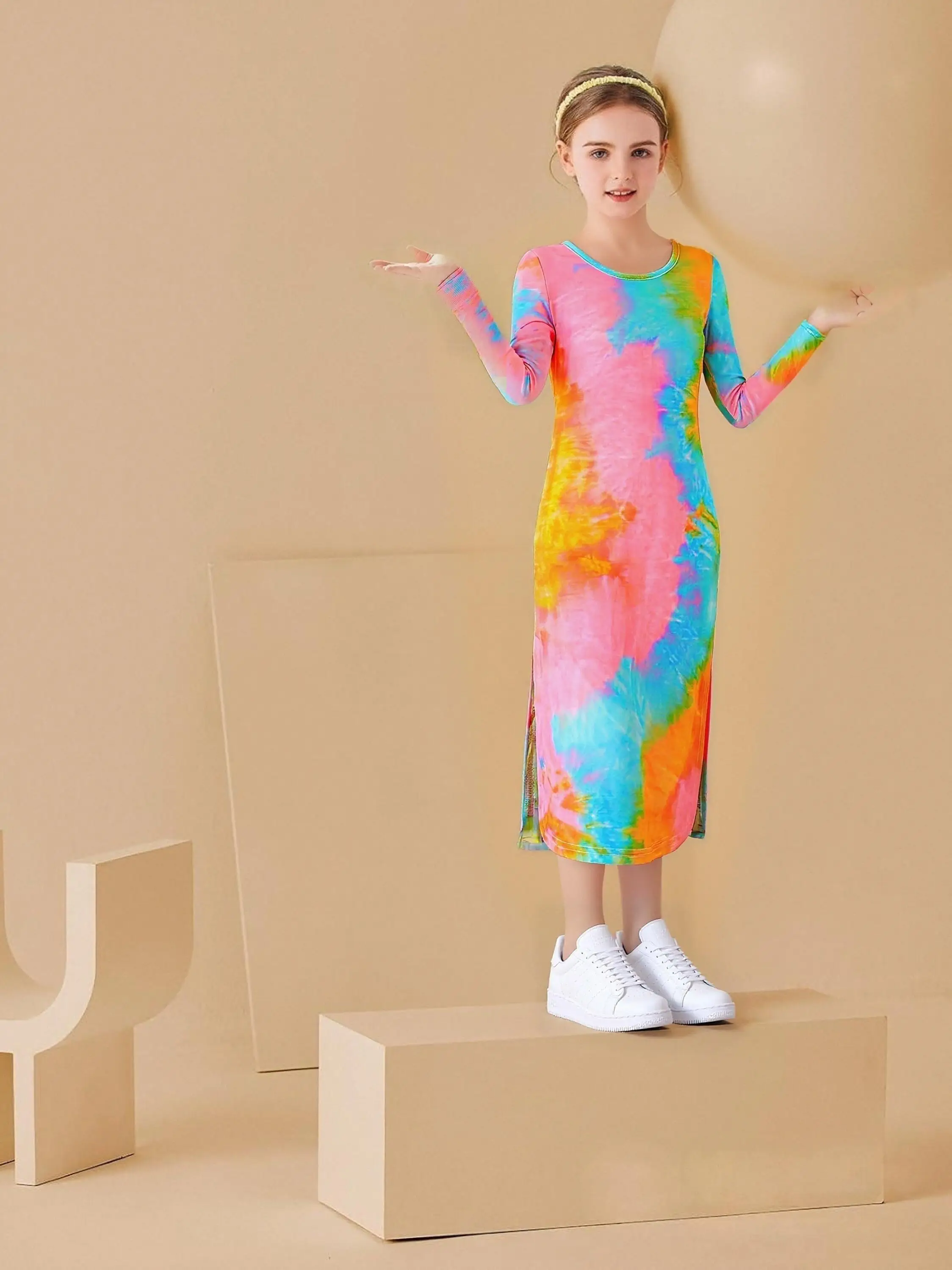 

Платье с длинными рукавами для девочек, весенне-осенний стиль, средняя длина, приталенный крой, модно и стильное, одежда для девочек с случайным принтом и размещением красителей