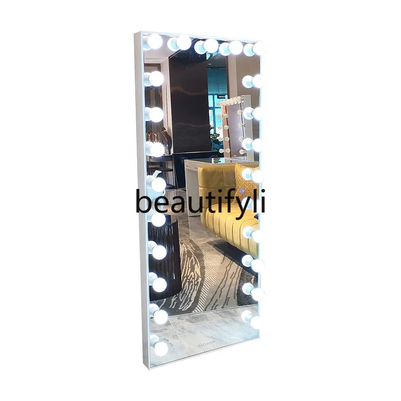 Full body floor mirror dimming light luxury square white paint art vanity mirror