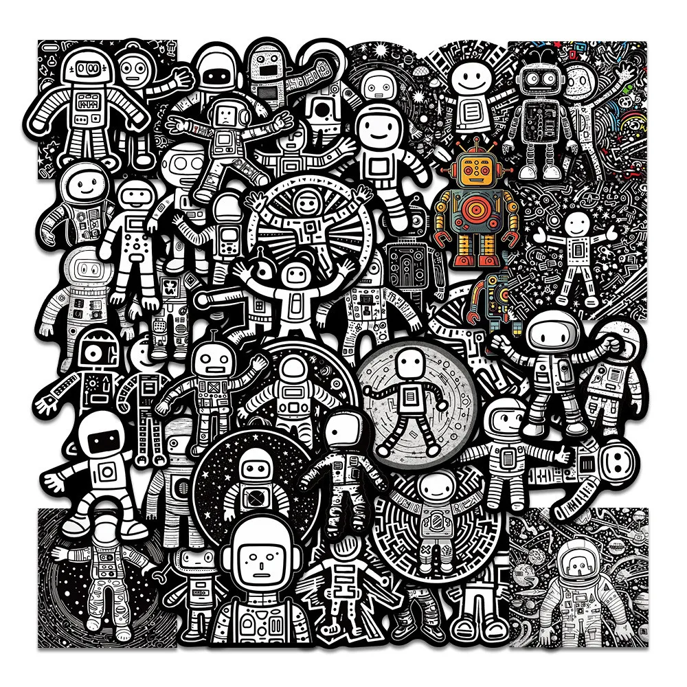 Pegatinas minimalistas de robot astronauta blanco y negro de 50 piezas, decoración estilo graffiti para equipaje, botellas de agua, portátiles, fundas para teléfono