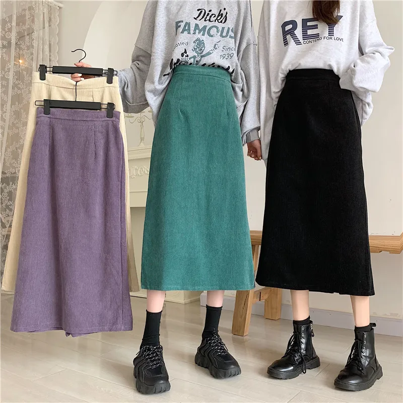 

High Waist A-Line Midi Skirt Women's Corduroy Wrap Bodycon Split Hip Covering Purple Skirt Autumn Winter New Sle Slimming