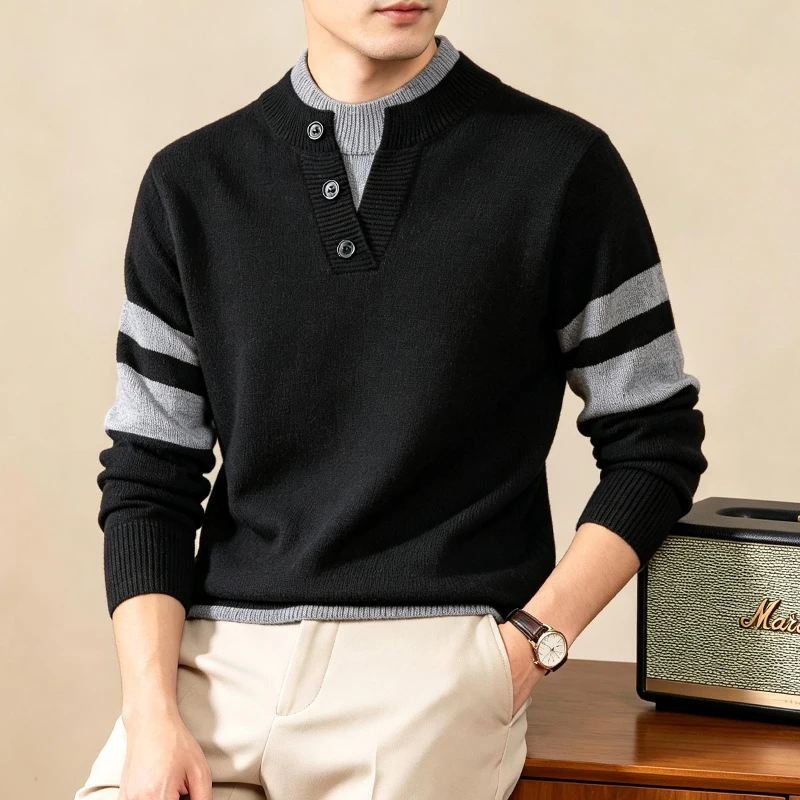 Amerikanischer Retro V-Ausschnitt Strickpullover für Herren, Neuheit 2026, Fake-Zweiteiler Gestreifter Kontrast-Pullover, Hochwertiges Casual-Oberteil – Detail 5