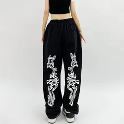 Pantalones de chándal negros góticos de Hip Hop para correr, pantalones holgados de gran tamaño Y2K Grunge Kpop, pantalones deportivos de pierna ancha con gráfico Harajuku, otoño